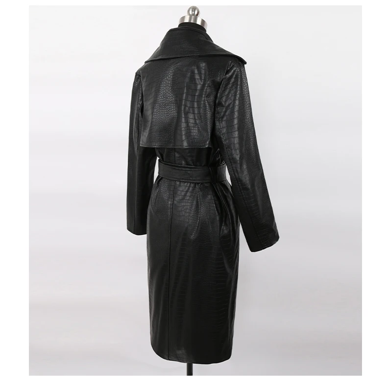 Nerazzurri Autumn Long Loose Red Crocodile Print Leather Trench Coat for Women Belt Double Breasted Waterproof Raincoat Fashion