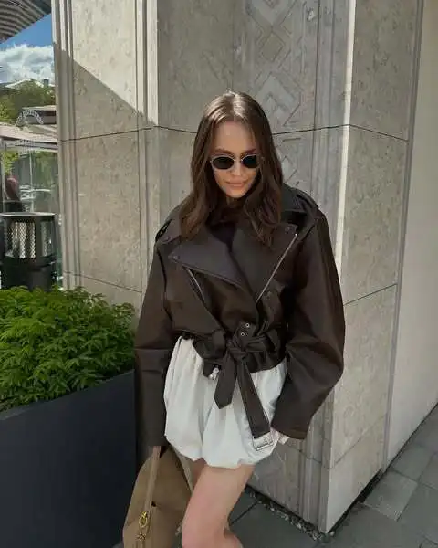 Chic High-end Faux Leathers Coats Women Lapel Short Lace-up Motorcycle Leathers Jackets Ourwear INS Brown Leather Jacket Y2K