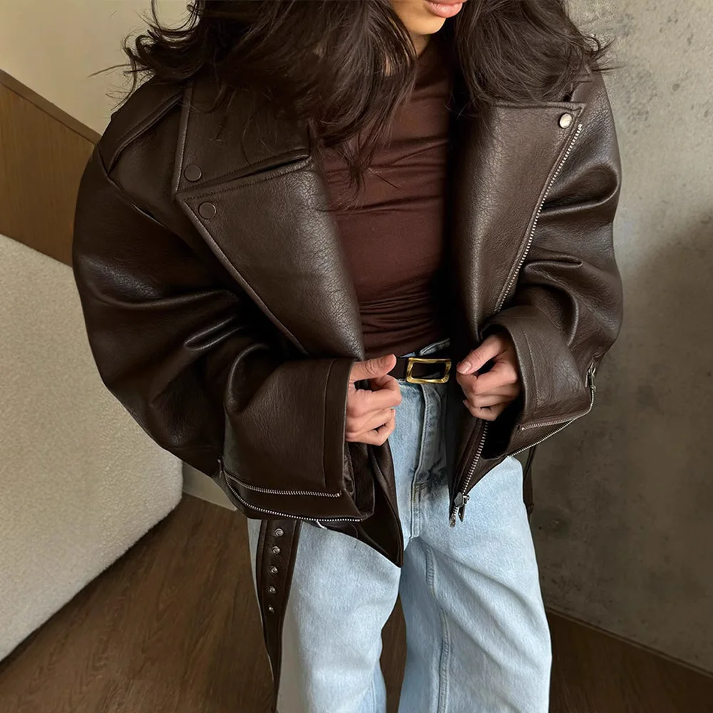 Chic High-end Faux Leathers Coats Women Lapel Short Lace-up Motorcycle Leathers Jackets Ourwear INS Brown Leather Jacket Y2K