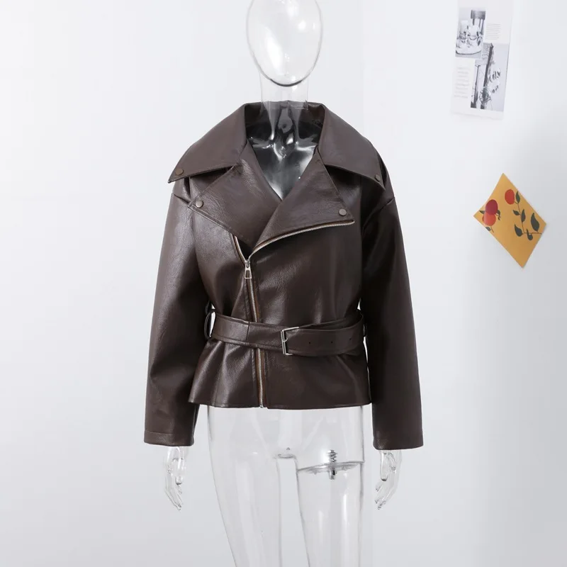 Chic High-end Faux Leathers Coats Women Lapel Short Lace-up Motorcycle Leathers Jackets Ourwear INS Brown Leather Jacket Y2K