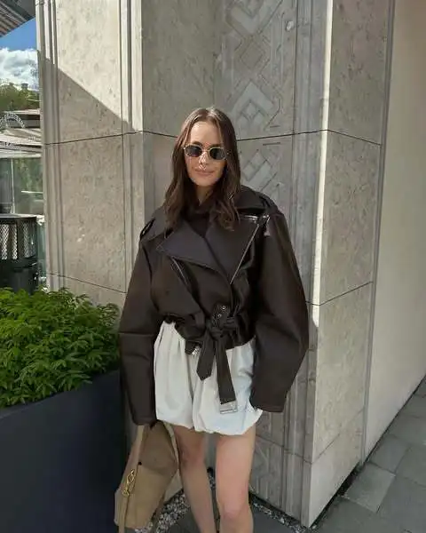 Chic High-end Faux Leathers Coats Women Lapel Short Lace-up Motorcycle Leathers Jackets Ourwear INS Brown Leather Jacket Y2K