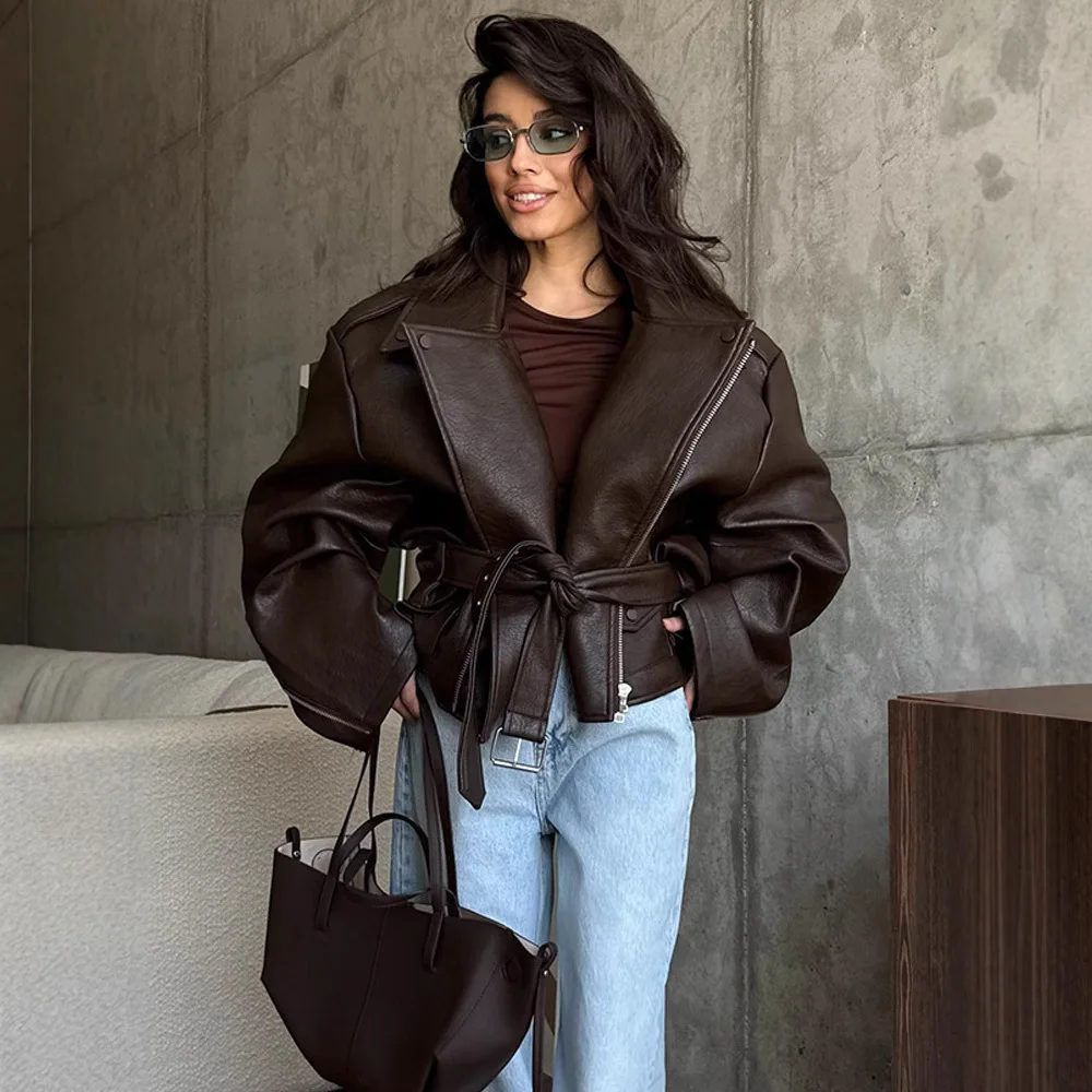 Chic High-end Faux Leathers Coats Women Lapel Short Lace-up Motorcycle Leathers Jackets Ourwear INS Brown Leather Jacket Y2K
