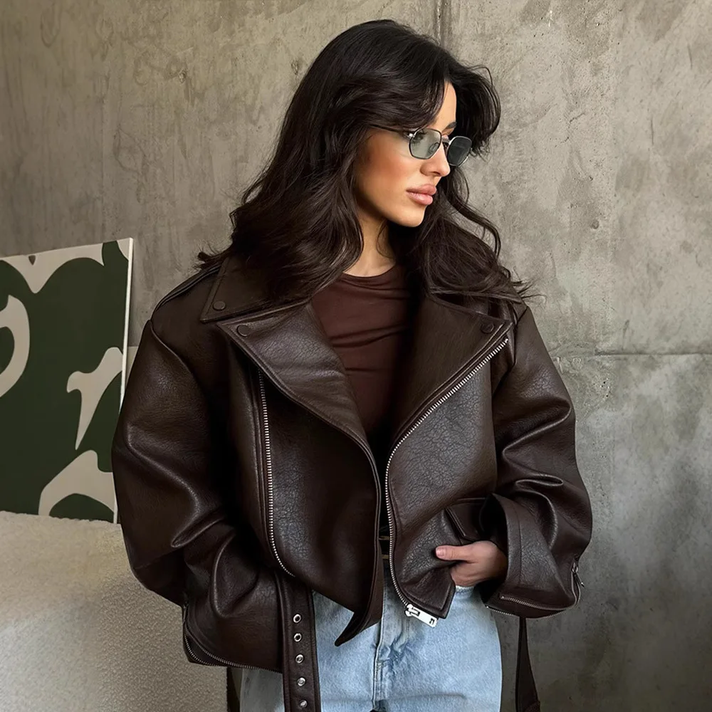 Chic High-end Faux Leathers Coats Women Lapel Short Lace-up Motorcycle Leathers Jackets Ourwear INS Brown Leather Jacket Y2K