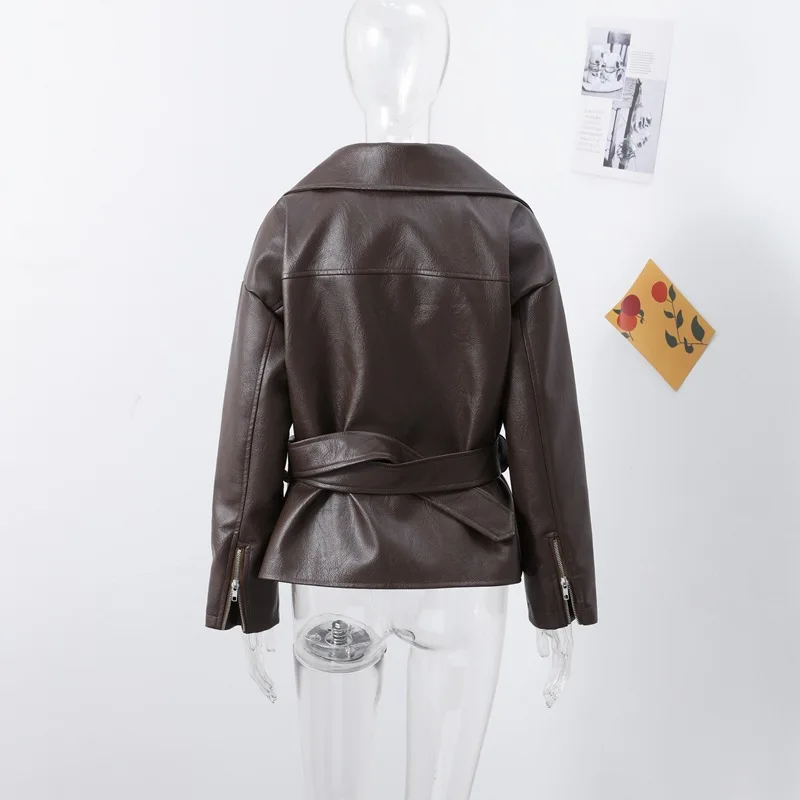 Chic High-end Faux Leathers Coats Women Lapel Short Lace-up Motorcycle Leathers Jackets Ourwear INS Brown Leather Jacket Y2K