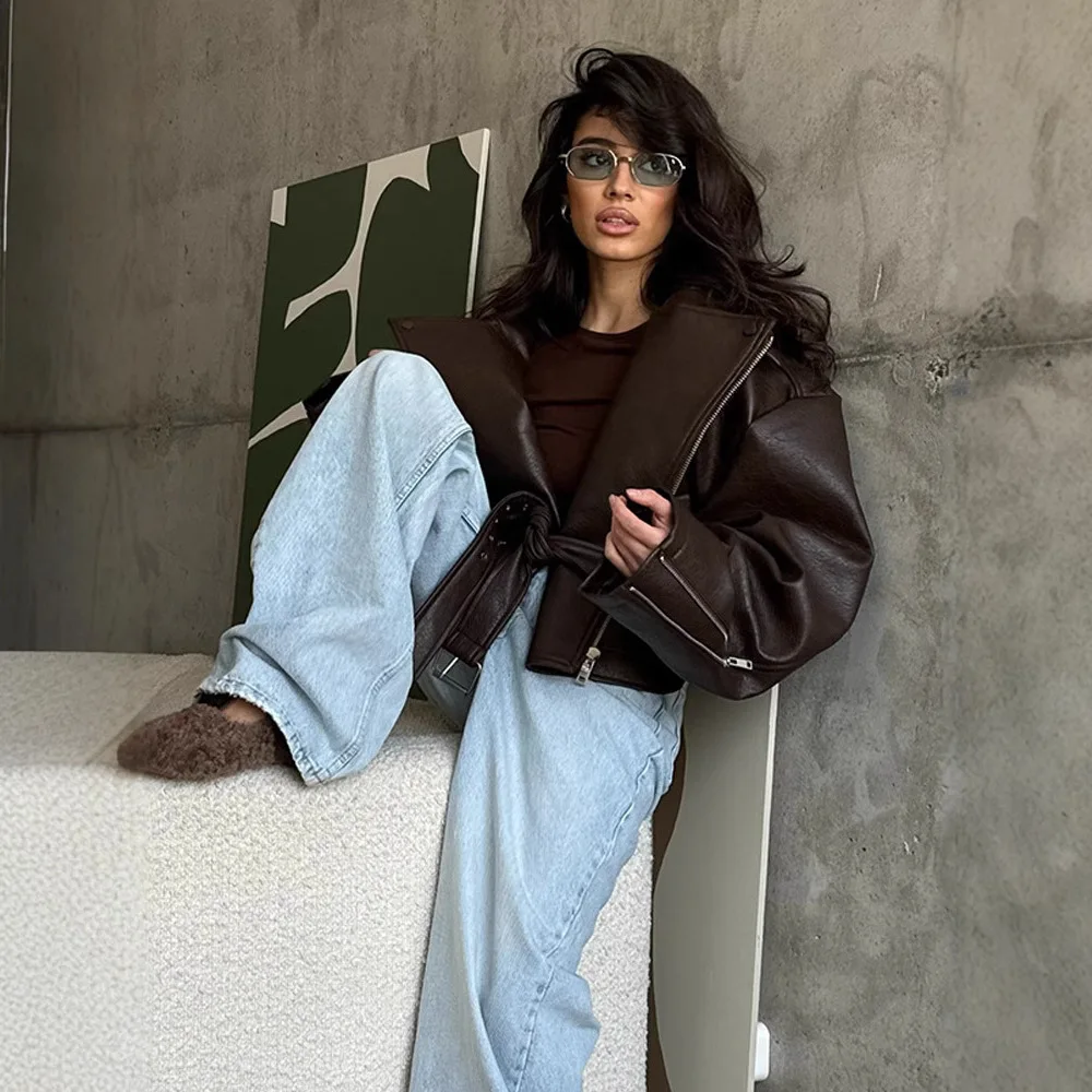 Chic High-end Faux Leathers Coats Women Lapel Short Lace-up Motorcycle Leathers Jackets Ourwear INS Brown Leather Jacket Y2K