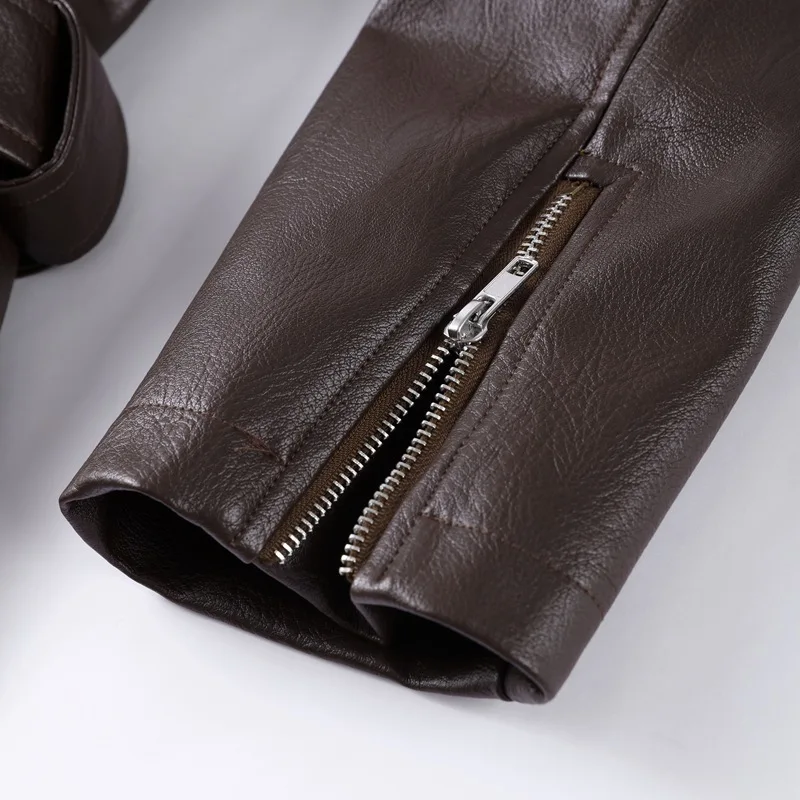 Chic High-end Faux Leathers Coats Women Lapel Short Lace-up Motorcycle Leathers Jackets Ourwear INS Brown Leather Jacket Y2K