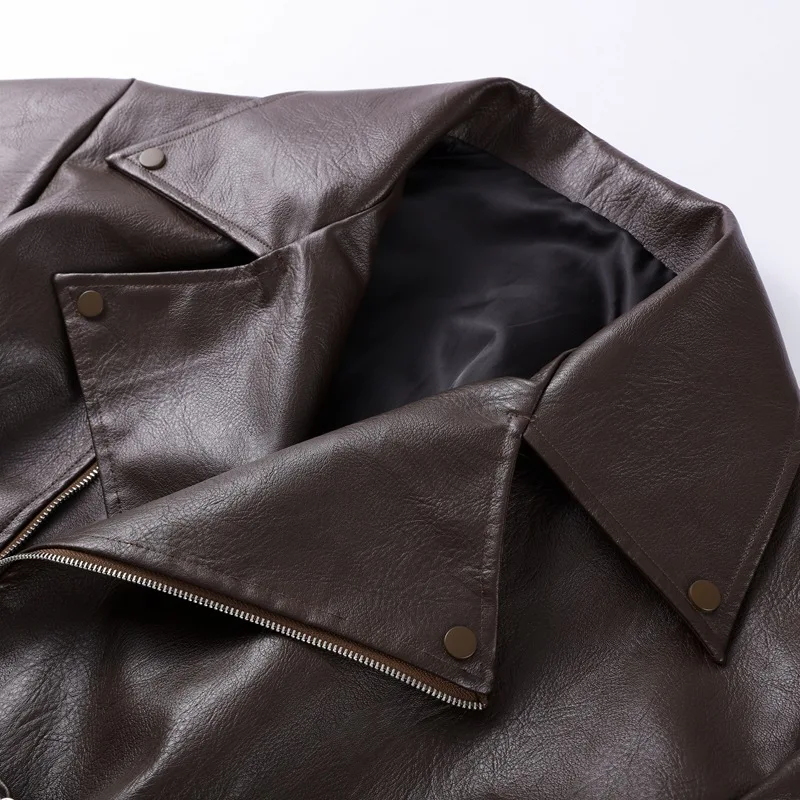 Chic High-end Faux Leathers Coats Women Lapel Short Lace-up Motorcycle Leathers Jackets Ourwear INS Brown Leather Jacket Y2K