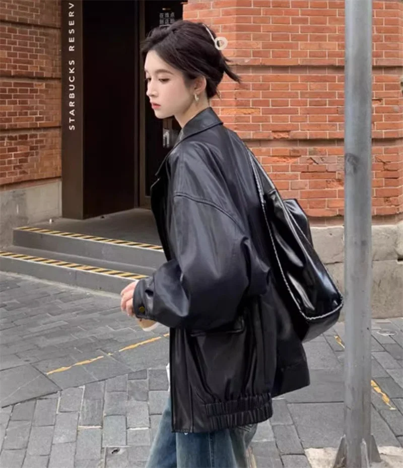 Autumn Women Fashion Casual Loose Coat Winter Ladies High End Faux Leather Outwear American Femme Long Sleeves PU Leather Jacket