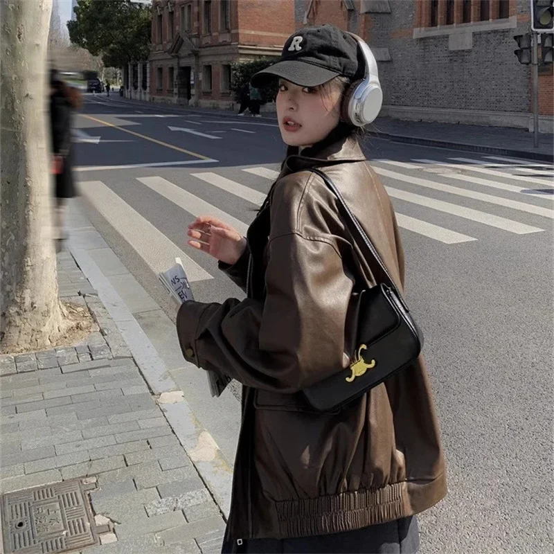 Autumn Women Fashion Casual Loose Coat Winter Ladies High End Faux Leather Outwear American Femme Long Sleeves PU Leather Jacket
