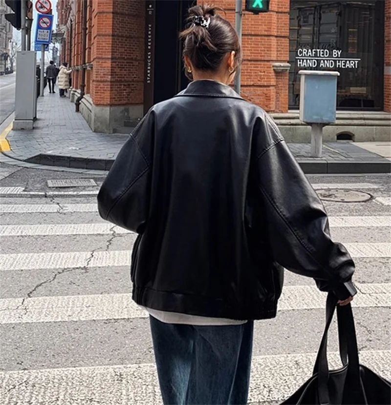 Autumn Women Fashion Casual Loose Coat Winter Ladies High End Faux Leather Outwear American Femme Long Sleeves PU Leather Jacket