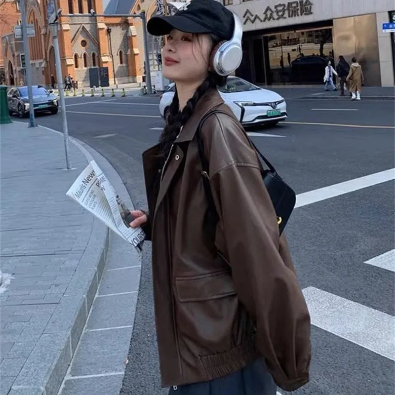 Autumn Women Fashion Casual Loose Coat Winter Ladies High End Faux Leather Outwear American Femme Long Sleeves PU Leather Jacket