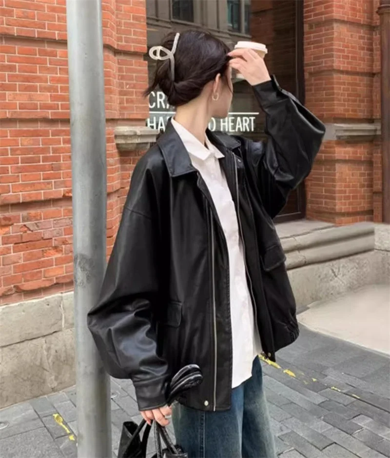 Autumn Women Fashion Casual Loose Coat Winter Ladies High End Faux Leather Outwear American Femme Long Sleeves PU Leather Jacket