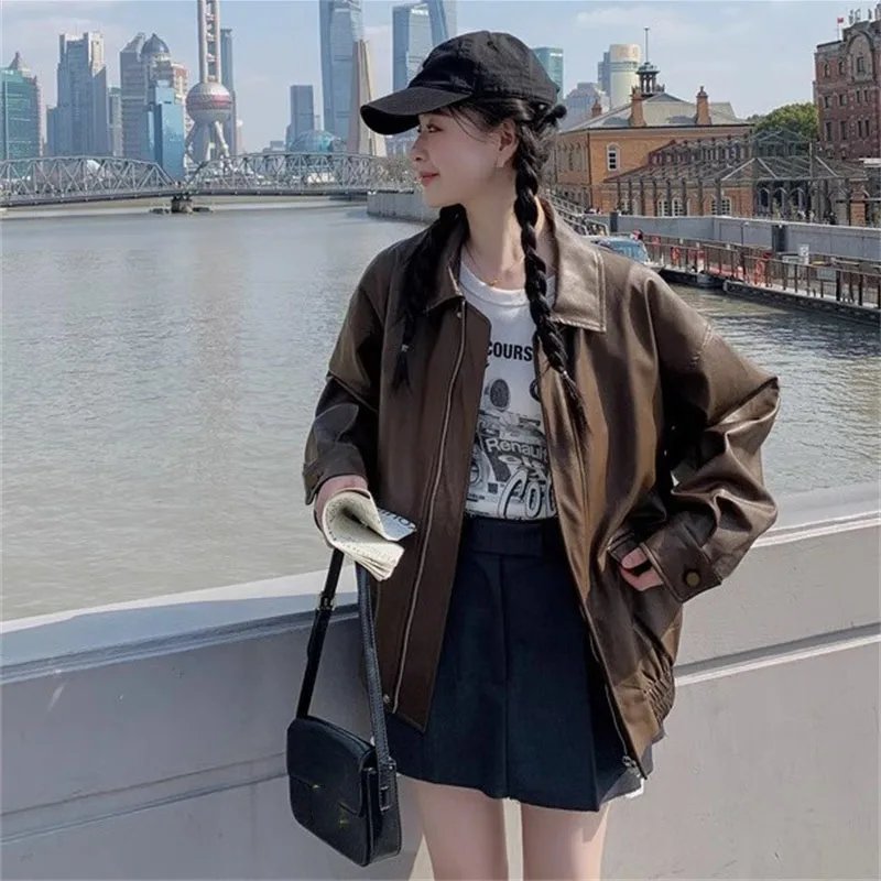 Autumn Women Fashion Casual Loose Coat Winter Ladies High End Faux Leather Outwear American Femme Long Sleeves PU Leather Jacket