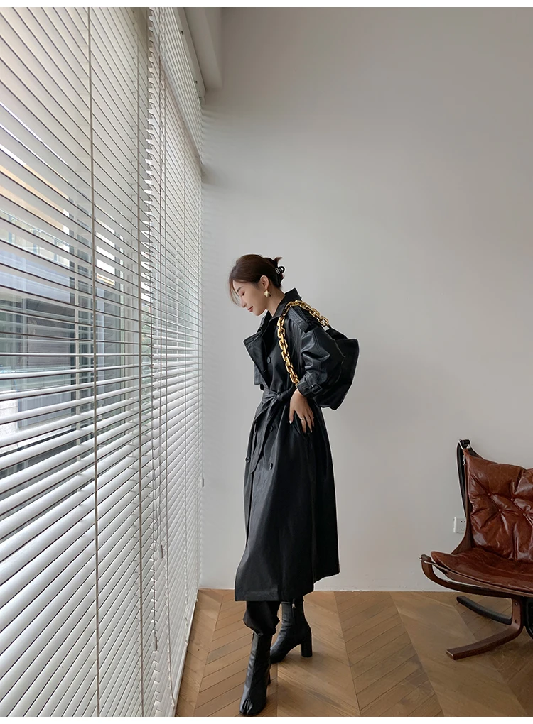 Lautaro Autumn Long Oversized Black Faux Leather Trench Coat for Women Raglan Long Sleeve Double Breasted Brown Korean Fashion