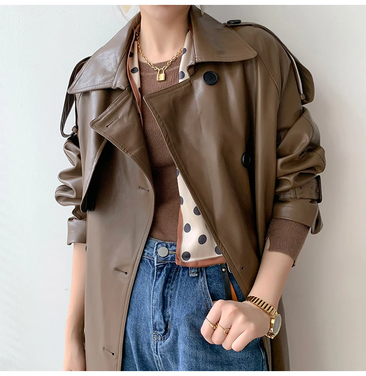Lautaro Autumn Long Oversized Black Faux Leather Trench Coat for Women Raglan Long Sleeve Double Breasted Brown Korean Fashion