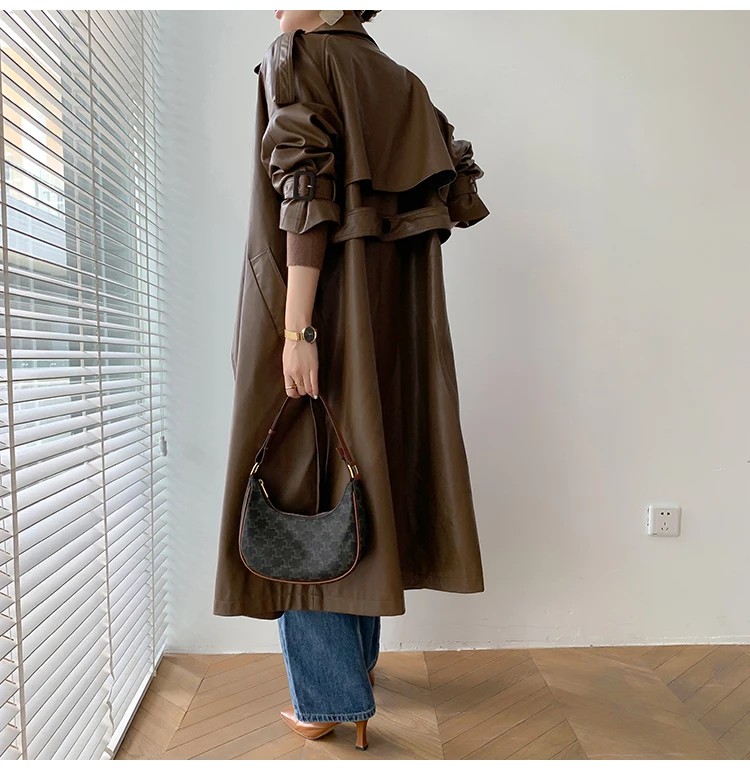 Lautaro Autumn Long Oversized Black Faux Leather Trench Coat for Women Raglan Long Sleeve Double Breasted Brown Korean Fashion