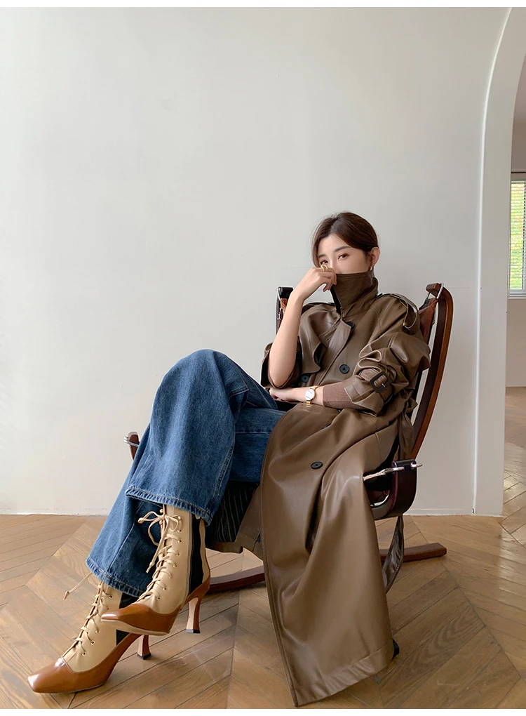 Lautaro Autumn Long Oversized Black Faux Leather Trench Coat for Women Raglan Long Sleeve Double Breasted Brown Korean Fashion