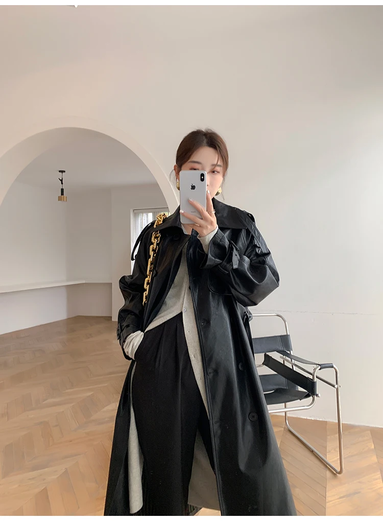 Lautaro Autumn Long Oversized Black Faux Leather Trench Coat for Women Raglan Long Sleeve Double Breasted Brown Korean Fashion