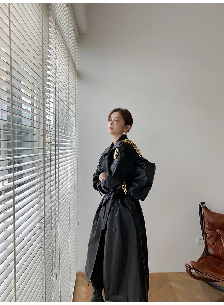 Lautaro Autumn Long Oversized Black Faux Leather Trench Coat for Women Raglan Long Sleeve Double Breasted Brown Korean Fashion