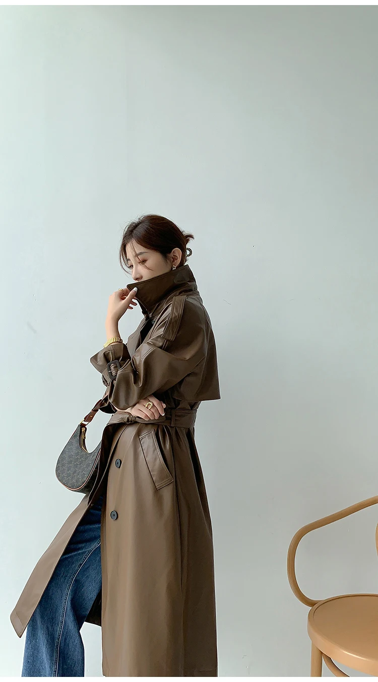 Lautaro Autumn Long Oversized Black Faux Leather Trench Coat for Women Raglan Long Sleeve Double Breasted Brown Korean Fashion