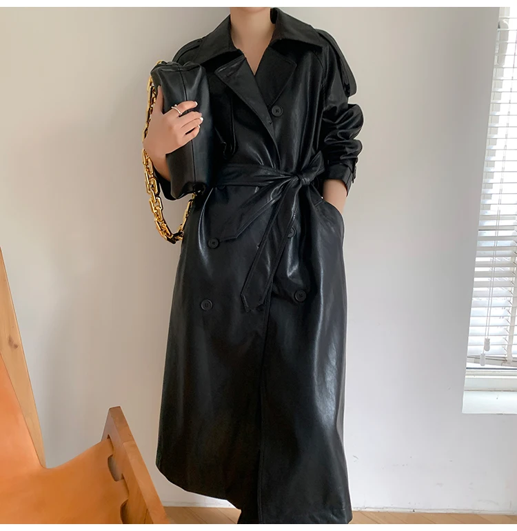 Lautaro Autumn Long Oversized Black Faux Leather Trench Coat for Women Raglan Long Sleeve Double Breasted Brown Korean Fashion