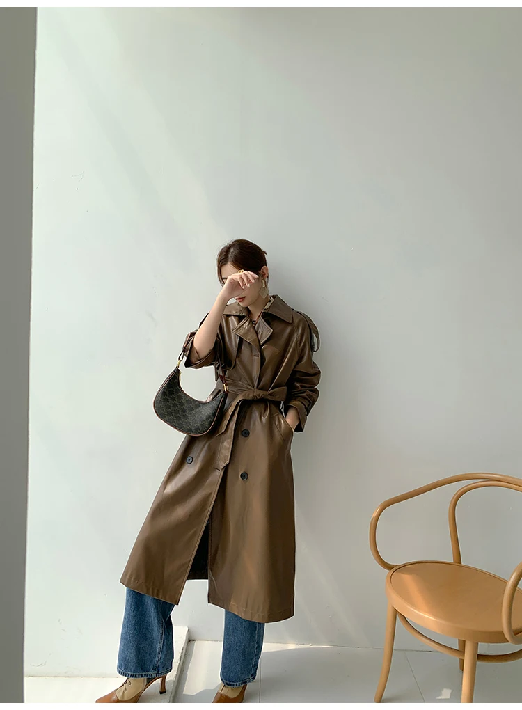 Lautaro Autumn Long Oversized Black Faux Leather Trench Coat for Women Raglan Long Sleeve Double Breasted Brown Korean Fashion