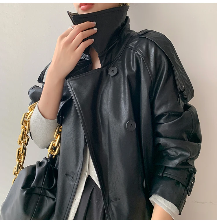 Lautaro Autumn Long Oversized Black Faux Leather Trench Coat for Women Raglan Long Sleeve Double Breasted Brown Korean Fashion