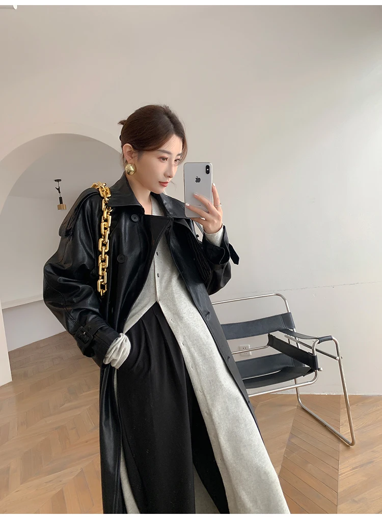 Lautaro Autumn Long Oversized Black Faux Leather Trench Coat for Women Raglan Long Sleeve Double Breasted Brown Korean Fashion