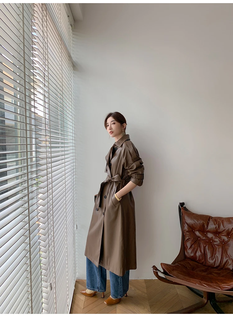 Lautaro Autumn Long Oversized Black Faux Leather Trench Coat for Women Raglan Long Sleeve Double Breasted Brown Korean Fashion