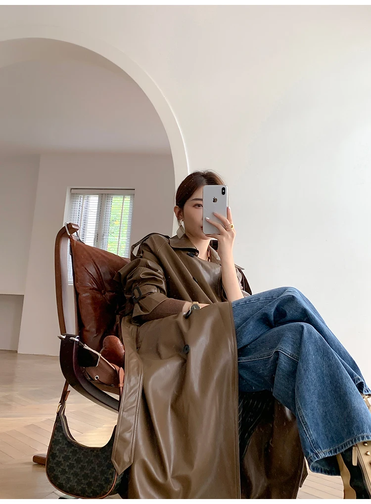 Lautaro Autumn Long Oversized Black Faux Leather Trench Coat for Women Raglan Long Sleeve Double Breasted Brown Korean Fashion