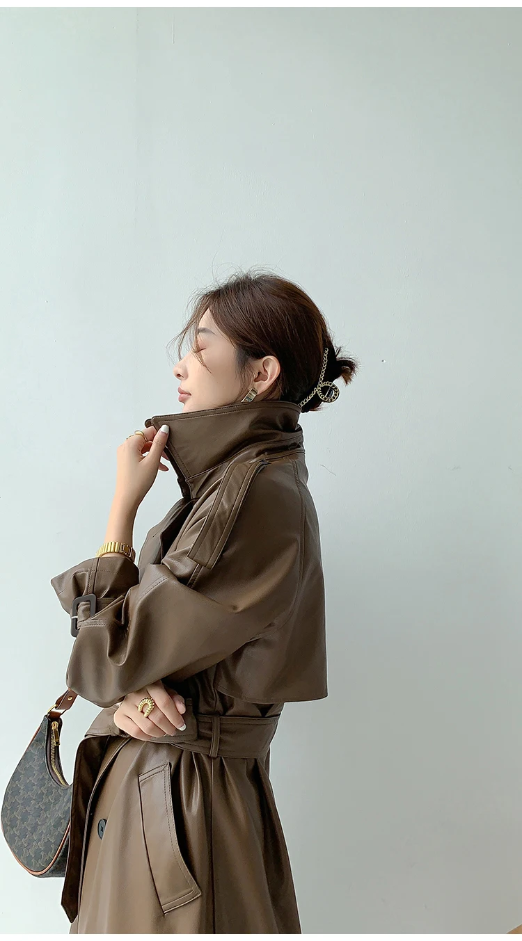 Lautaro Autumn Long Oversized Black Faux Leather Trench Coat for Women Raglan Long Sleeve Double Breasted Brown Korean Fashion