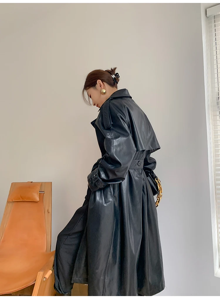 Lautaro Autumn Long Oversized Black Faux Leather Trench Coat for Women Raglan Long Sleeve Double Breasted Brown Korean Fashion
