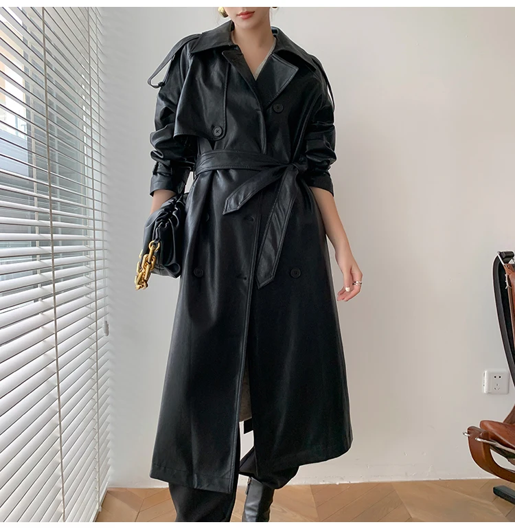 Lautaro Autumn Long Oversized Black Faux Leather Trench Coat for Women Raglan Long Sleeve Double Breasted Brown Korean Fashion