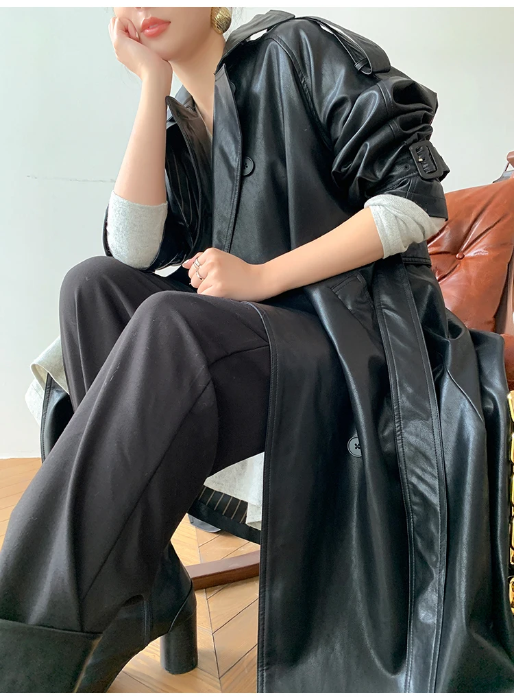 Lautaro Autumn Long Oversized Black Faux Leather Trench Coat for Women Raglan Long Sleeve Double Breasted Brown Korean Fashion