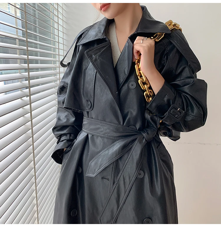 Lautaro Autumn Long Oversized Black Faux Leather Trench Coat for Women Raglan Long Sleeve Double Breasted Brown Korean Fashion