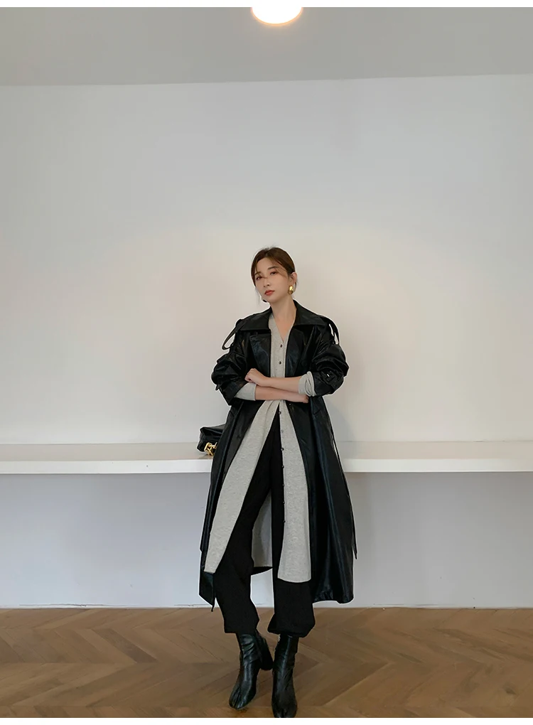 Lautaro Autumn Long Oversized Black Faux Leather Trench Coat for Women Raglan Long Sleeve Double Breasted Brown Korean Fashion