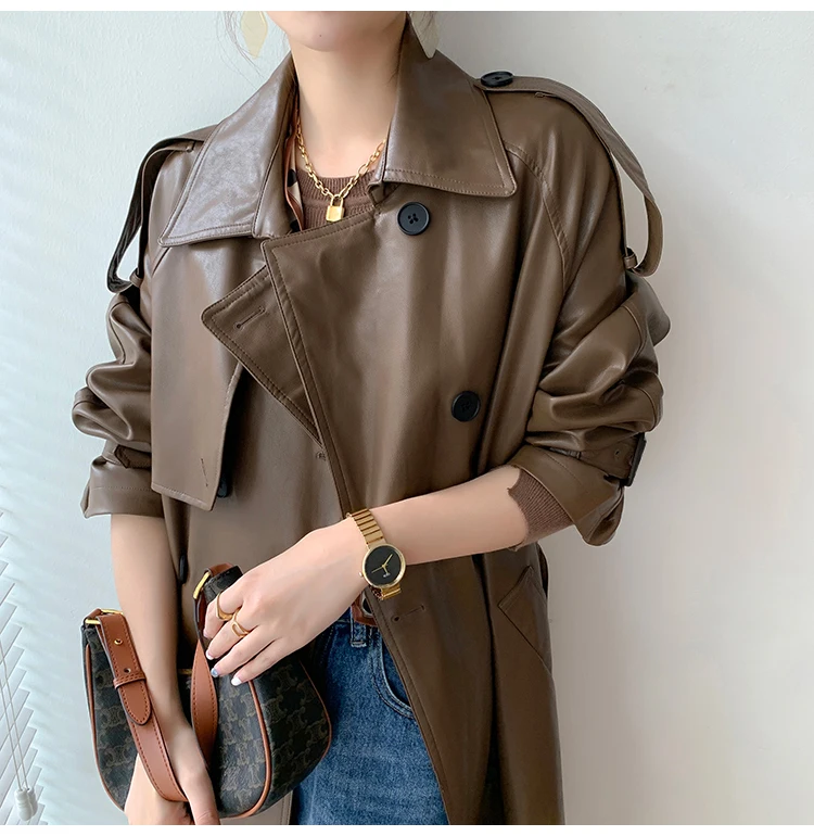 Lautaro Autumn Long Oversized Black Faux Leather Trench Coat for Women Raglan Long Sleeve Double Breasted Brown Korean Fashion