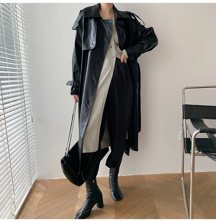 Lautaro Autumn Long Oversized Black Faux Leather Trench Coat for Women Raglan Long Sleeve Double Breasted Brown Korean Fashion