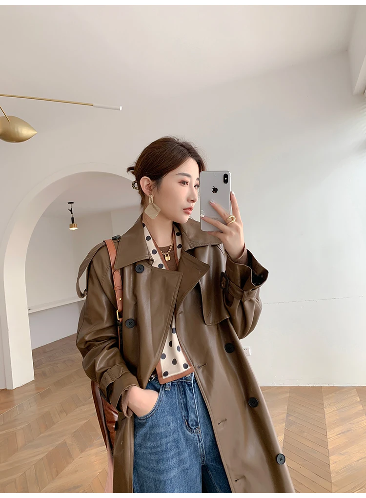Lautaro Autumn Long Oversized Black Faux Leather Trench Coat for Women Raglan Long Sleeve Double Breasted Brown Korean Fashion