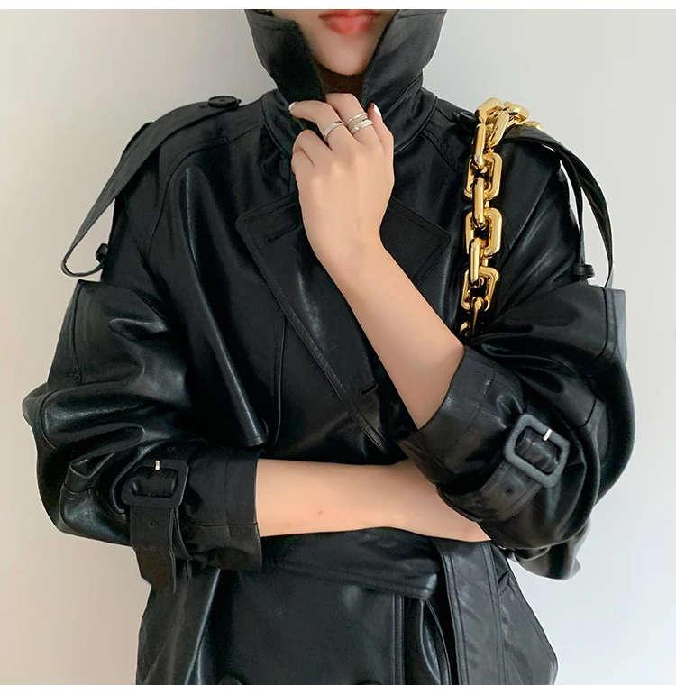 Lautaro Autumn Long Oversized Black Faux Leather Trench Coat for Women Raglan Long Sleeve Double Breasted Brown Korean Fashion