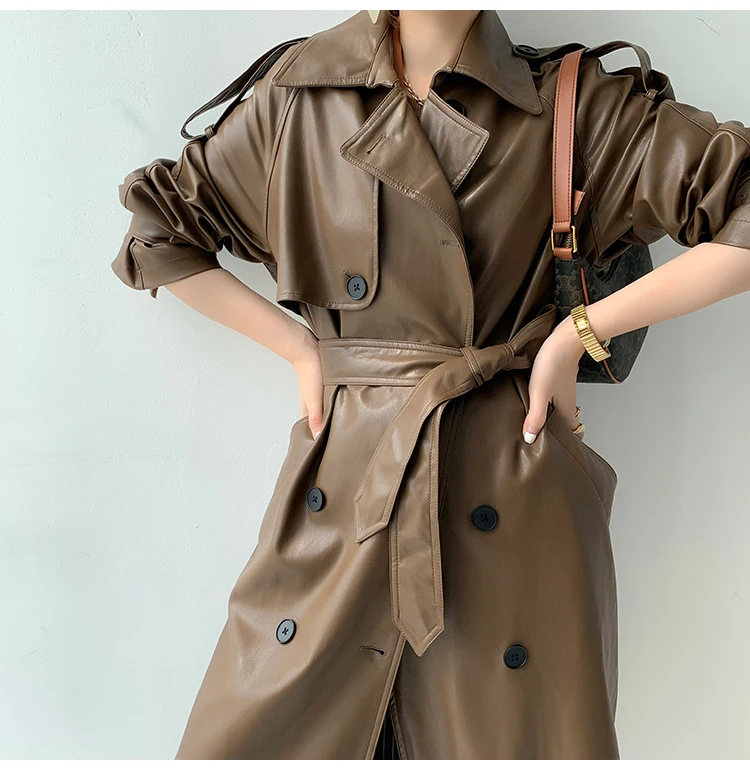 Lautaro Autumn Long Oversized Black Faux Leather Trench Coat for Women Raglan Long Sleeve Double Breasted Brown Korean Fashion