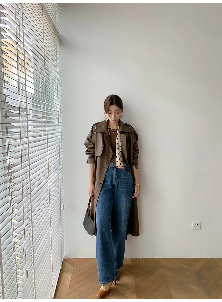 Lautaro Autumn Long Oversized Black Faux Leather Trench Coat for Women Raglan Long Sleeve Double Breasted Brown Korean Fashion