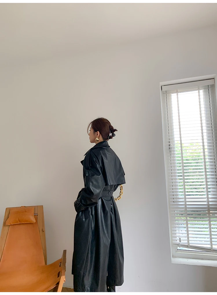 Lautaro Autumn Long Oversized Black Faux Leather Trench Coat for Women Raglan Long Sleeve Double Breasted Brown Korean Fashion