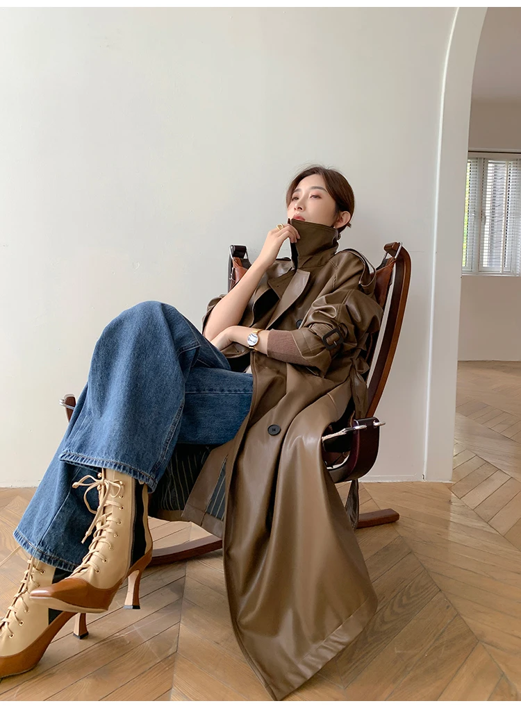 Lautaro Autumn Long Oversized Black Faux Leather Trench Coat for Women Raglan Long Sleeve Double Breasted Brown Korean Fashion