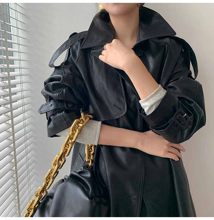 Lautaro Autumn Long Oversized Black Faux Leather Trench Coat for Women Raglan Long Sleeve Double Breasted Brown Korean Fashion