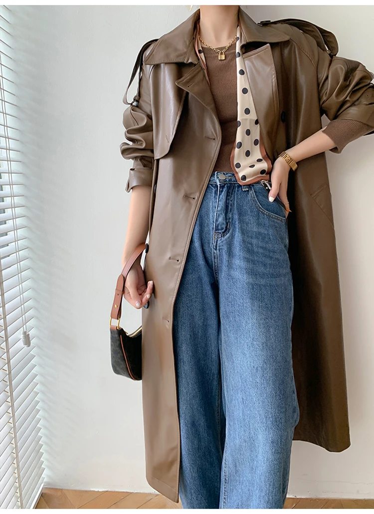 Lautaro Autumn Long Oversized Black Faux Leather Trench Coat for Women Raglan Long Sleeve Double Breasted Brown Korean Fashion