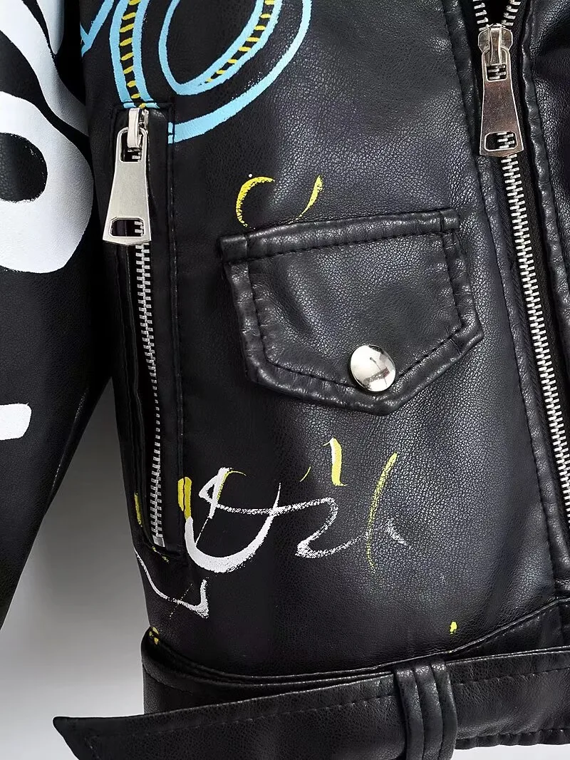 Fashion Brand Coat PU Leather Jacket Women Colorful Print Graffiti Soft Punk Coats Slim Locomotive Cropped Jacket Leather Top
