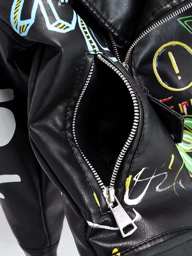 Fashion Brand Coat PU Leather Jacket Women Colorful Print Graffiti Soft Punk Coats Slim Locomotive Cropped Jacket Leather Top