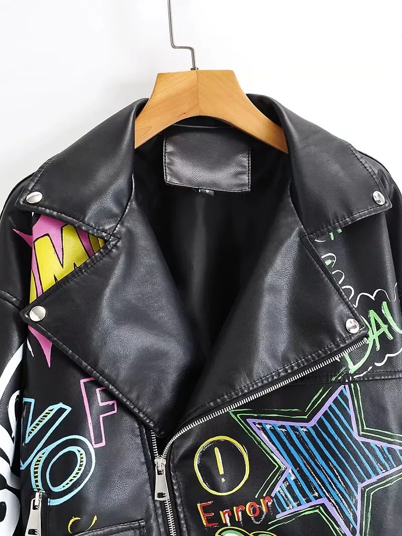 Fashion Brand Coat PU Leather Jacket Women Colorful Print Graffiti Soft Punk Coats Slim Locomotive Cropped Jacket Leather Top