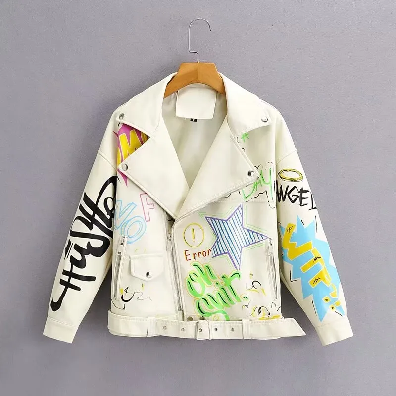 Fashion Brand Coat PU Leather Jacket Women Colorful Print Graffiti Soft Punk Coats Slim Locomotive Cropped Jacket Leather Top
